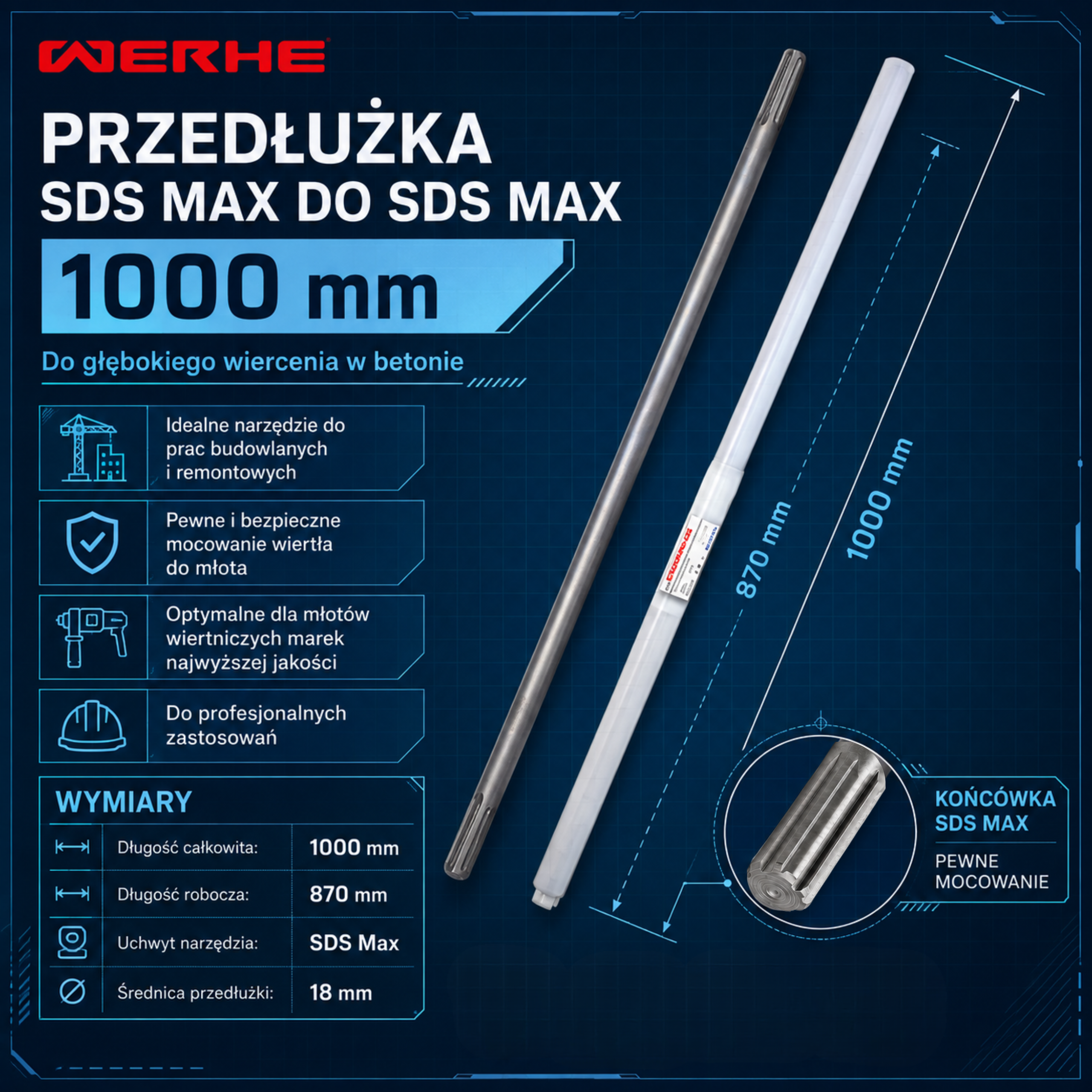 Przedłużka SDS Max do SDS Max 1000 mm do głębokich otworów w betonie - obrazek 3