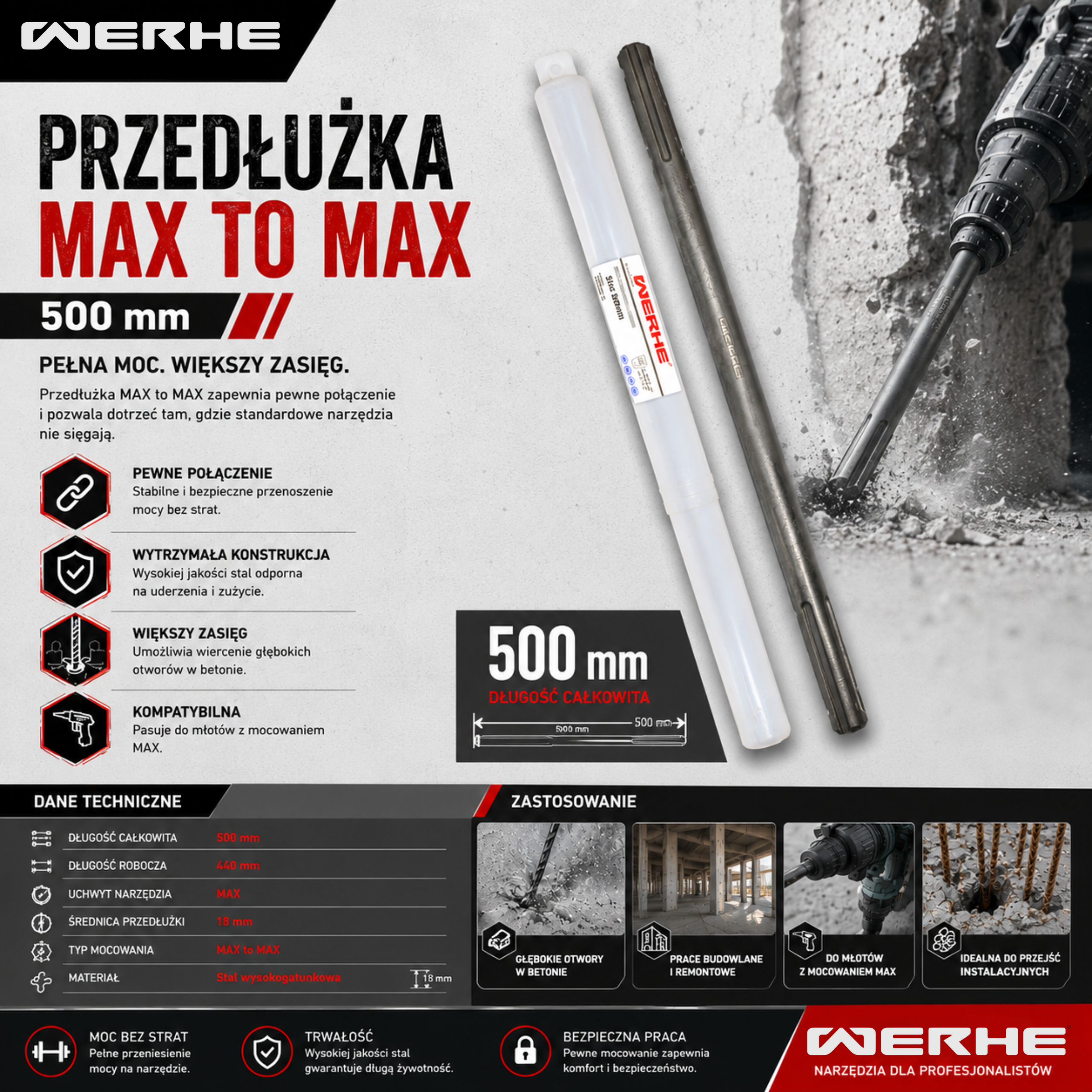 Przedłużka SDS Max do SDS Max 500 mm do głębokich otworów w betonie - obrazek 3