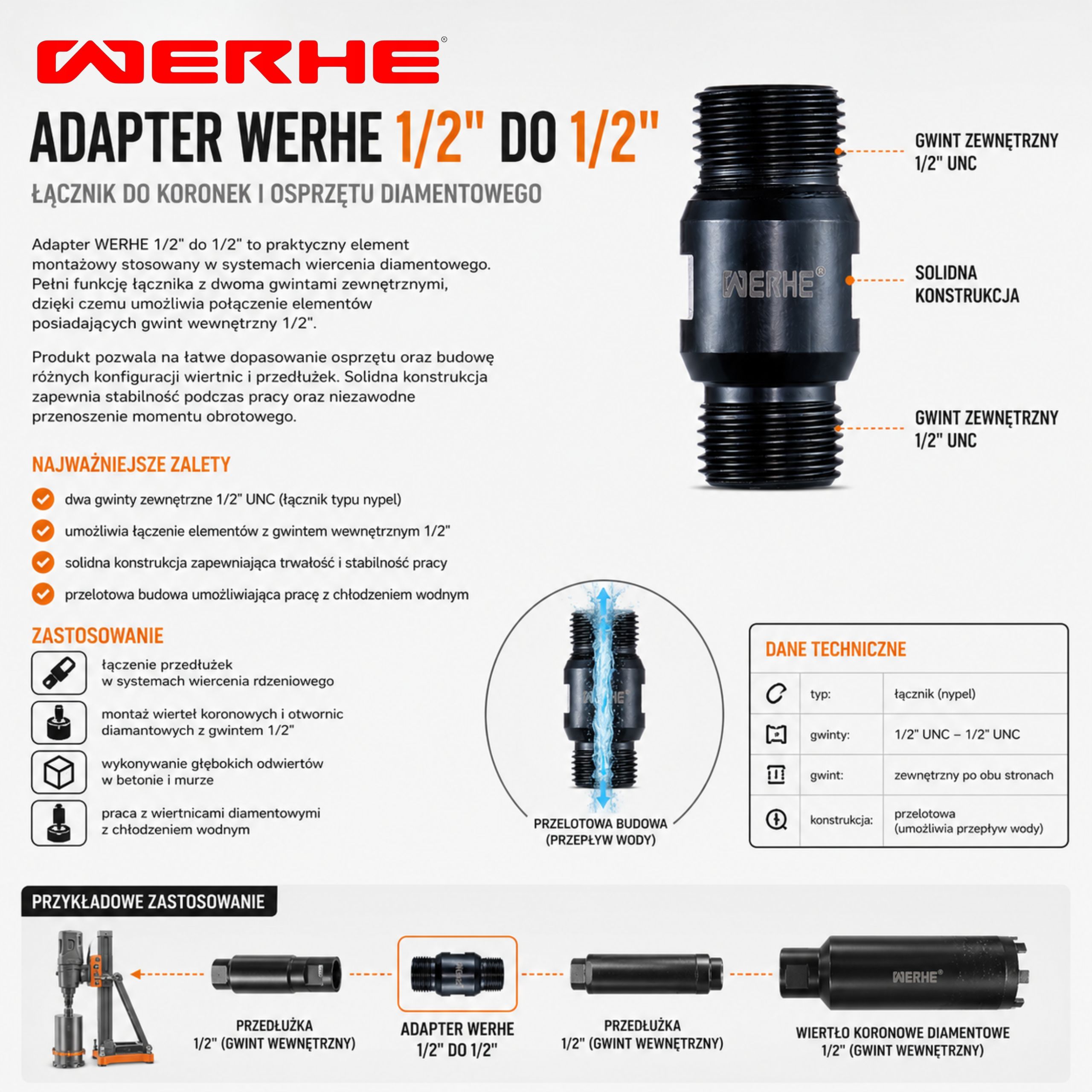 Adapter WERHE 1/2" do 1/2" - łącznik do koronek i osprzętu diamentowego - obrazek 6