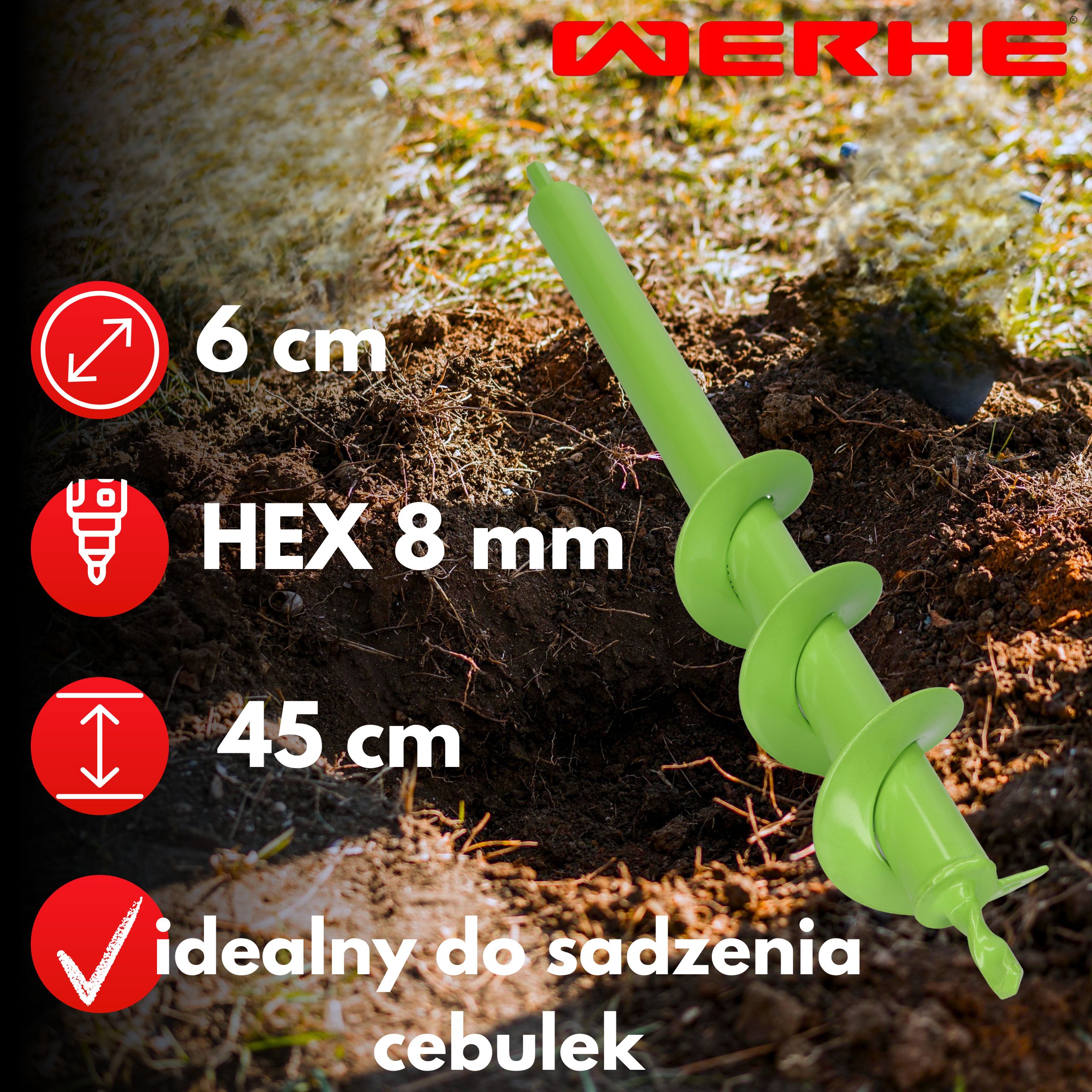 Świder do gleby 60x450 mm - wąskie otwory pod rośliny, słupki i instalacje - obrazek 6