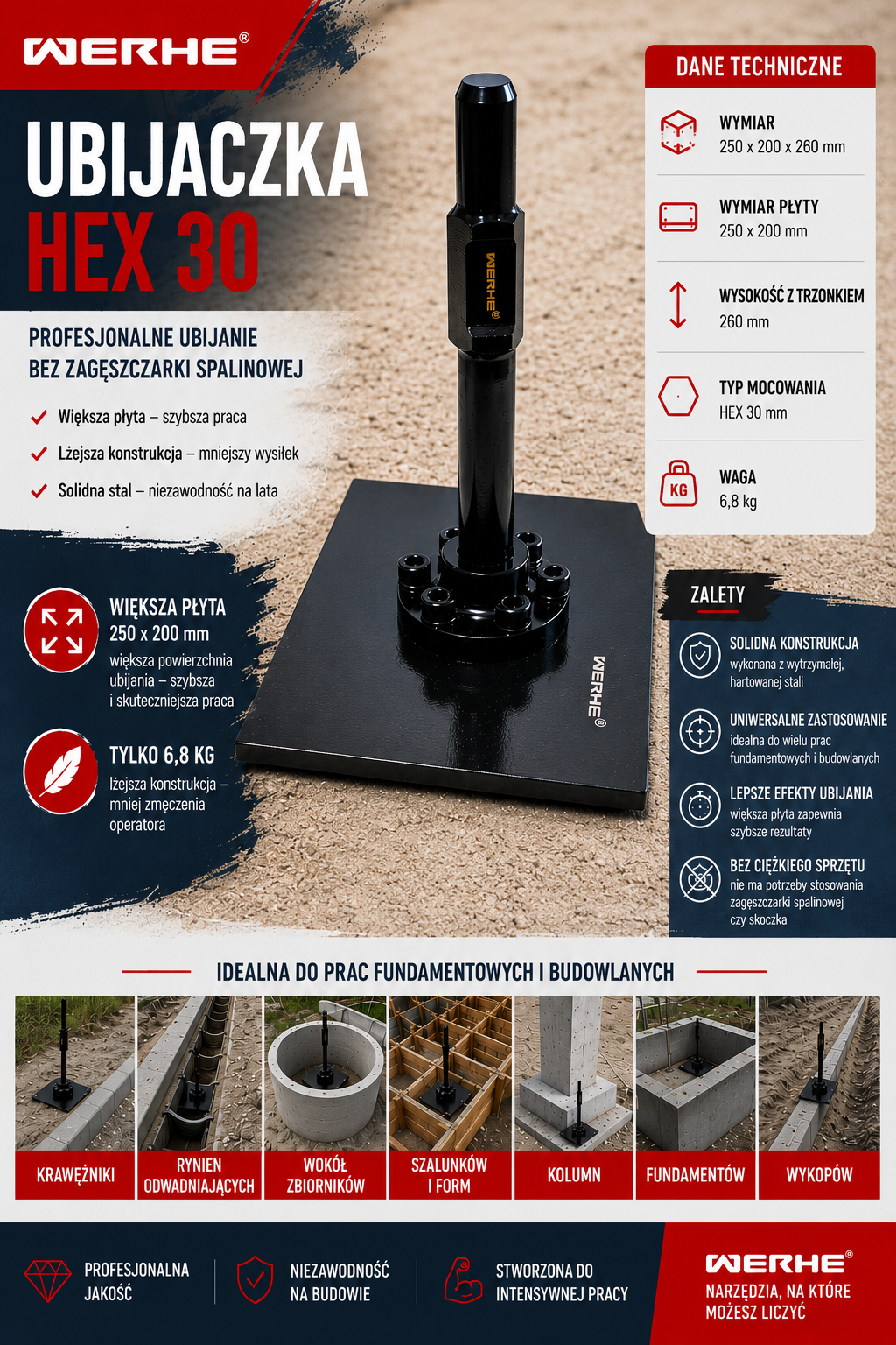 Zagęszczarka do młota HEX 30 mm 250 x 200 mm – płyta ubijająca ze stali hartowanej - obrazek 3