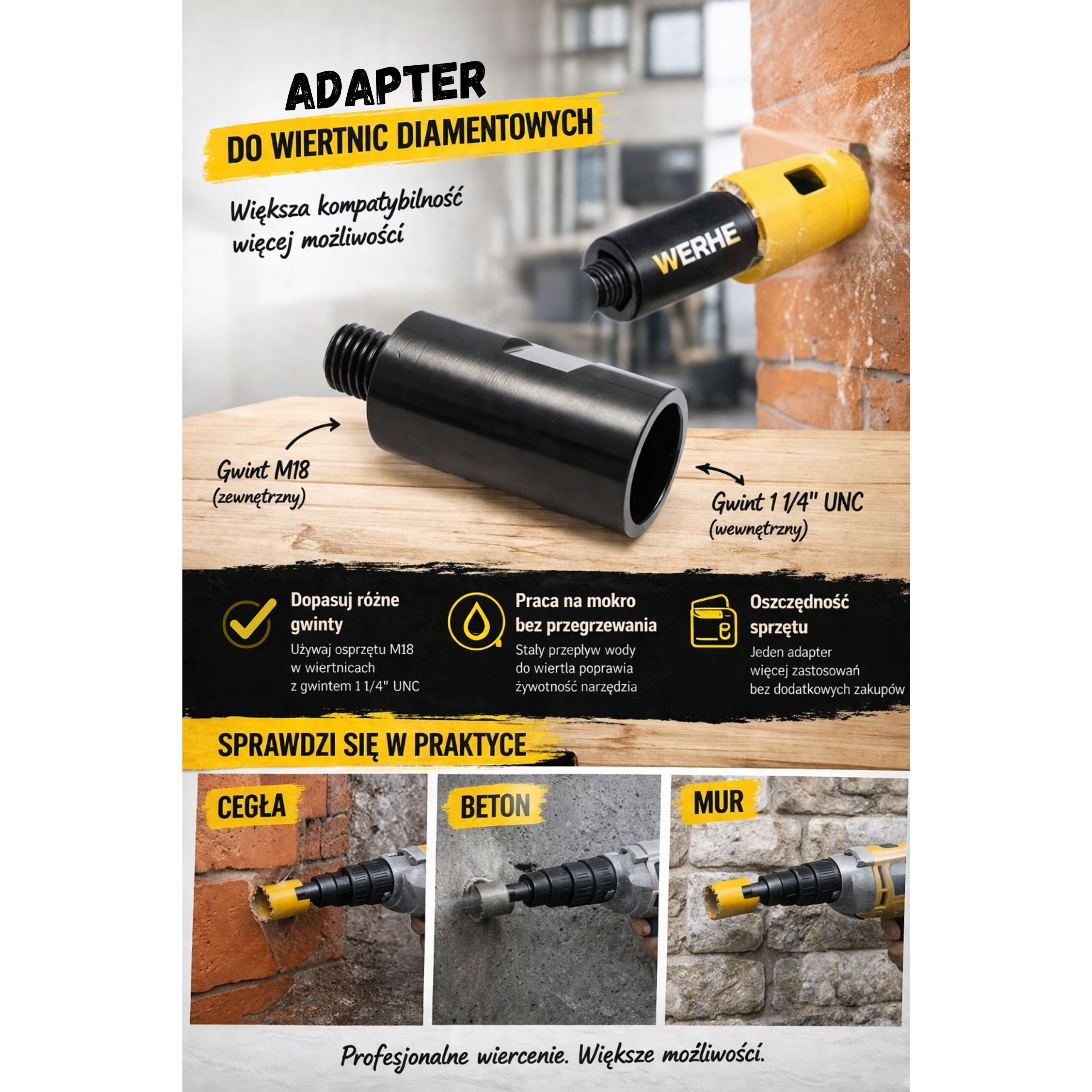 Adapter WERHE 1.1/4" do M18 – zwiększ kompatybilność wiertnicy diamentowej - obrazek 4